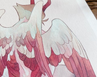 May include: Watercolor illustration of a mythical creature with red horns, white and red wings, and a halo. The artwork features soft color gradients and delicate feather details, creating a fantasy theme. The image is on textured paper.