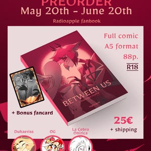 Può includere: Immagine promozionale per un fanbook di Radioapple intitolato "BETWEEN US". La copertina presenta un'illustrazione rossa e rosa di due personaggi. L'immagine include una fan card bonus e il testo "PREORDER May 20th - June 20th".