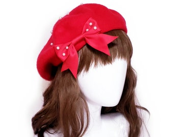 MADE TO ORDER - Pearl Ribbon Wool Beret - Kawaii Classic and Sweet Lolita Fashion Hat Accessory - 5 colors - Customization available!