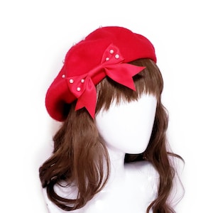MADE TO ORDER - Pearl Ribbon Wool Beret - Kawaii Classic and Sweet Lolita Fashion Hat Accessory - 5 colors - Customization available!