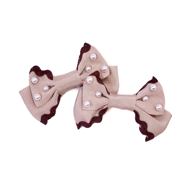 Chocolate Pearl Ribbon Bow Clips - Kawaii Sweet Lolita Fashion Hair Accessory - Set of 2