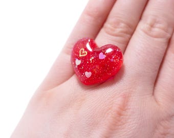 Süßer Glitter Herz Ring - Kawaii Sweet Lolita Mode Harz Schmuck Accessoire - 5 Farben