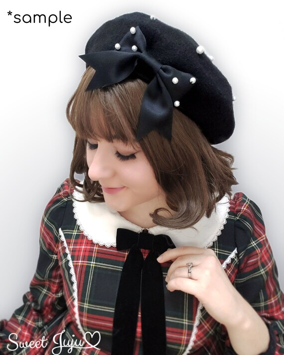 MADE TO ORDER - Pearl Ribbon Wool Beret - Kawaii Classic and  display picture 2