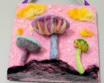 Psychedelic Mushroom Wall Art Wool Felted Picture Trippy Rainbow Nature