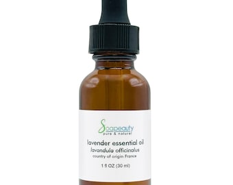 May include: A brown glass bottle with a black dropper top, labeled "Soapeauty pure & natural lavender essential oil lavandula officinalus country of origin France 1 fl OZ (30 ml)"