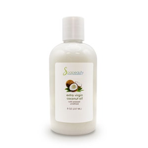 May include: A clear plastic bottle of extra virgin coconut oil, cold pressed and unrefined, with a white label that says "soapeaty" and "extra virgin coconut oil" with a coconut image. The bottle is 8 oz (237 ml).