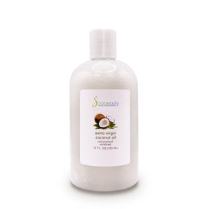 May include: A clear plastic bottle of extra virgin coconut oil, cold pressed and unrefined, with a white label that says "Scapeauty" and "extra virgin coconut oil" with a coconut image. The bottle is 12 fluid ounces (355 ml).
