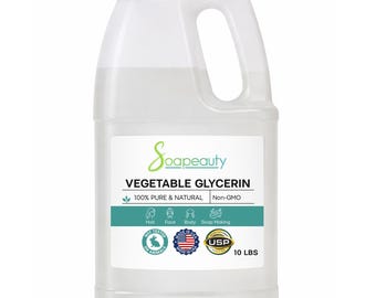May include: A clear plastic jug of Soapeauty Vegetable Glycerin. The label indicates it is 100% pure and natural, non-GMO, and suitable for hair, face, body, and soap making. The jug contains 10 lbs of product.