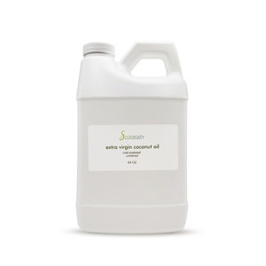 May include: A white plastic gallon jug of extra virgin coconut oil, cold pressed and unrefined, with a green and white label that says "Soapbeauty" and "extra virgin coconut oil" with the words "cold pressed unrefined" in smaller font below. The label also says "64 oz".