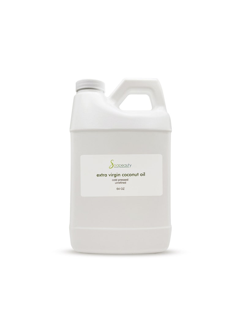 May include: A white plastic gallon jug of extra virgin coconut oil, cold pressed and unrefined, with a green and white label that says "Soapbeauty" and "extra virgin coconut oil" with the words "cold pressed unrefined" in smaller font below. The label also says "64 oz".