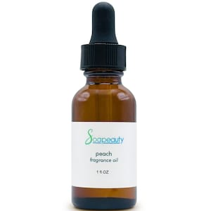 May include: A brown glass bottle with a black dropper top. The bottle is labeled "Soapeaty" and "peach fragrance oil" with a white label. The bottle contains 1 fl oz of fragrance oil.