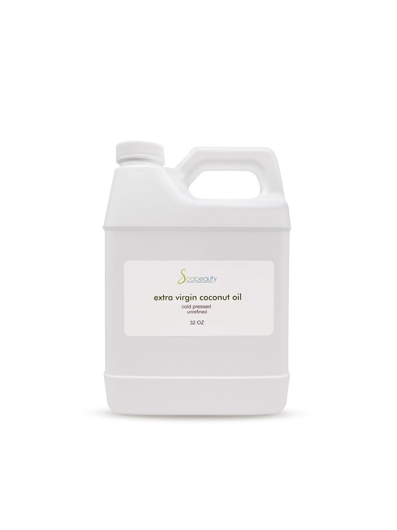 May include: A white plastic jug with a handle, labeled "extra virgin coconut oil" with the brand name "spacebeauty" and the text "cold pressed, unrefined, 32 OZ".