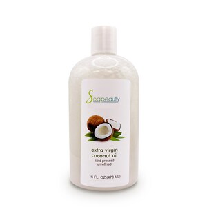 May include: A clear plastic bottle of extra virgin coconut oil, cold pressed and unrefined, with a white cap and a label that says "Soapeauty" and "16 FL. OZ (473 ML)". The bottle is sitting on a white background and has a picture of a coconut on the label.