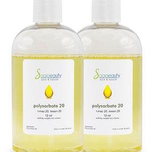 May include: Two clear plastic bottles with yellow liquid inside. The bottles are labeled "polysorbate 20" and contain 12 ounces of polysorbate 20, t-maz 20, and tween 20. The bottles are sold by weight, not volume. The label also states "Ingredients: Polysorbate 80" and "Store in a cool dry place".