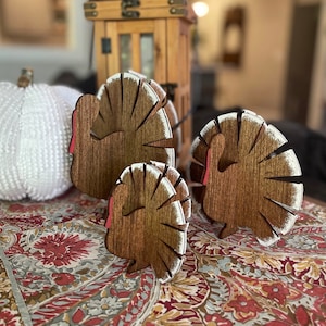 thanksgiving decor, painted wood turkeys, fall tiered tray, rustic decor, farmhouse decor, hand painted fall decorations