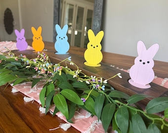 Easter Bunny decor, rustic home decor for candle holder, peeps decor, spring home decor, pastel peeps tiered tray, cotton tails