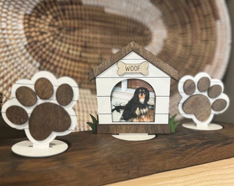 Dog lover decor, rustic home decor, tiered tray decor, dog mom, fur baby home decor, whiskey barrel candle holder, Doghouse picture frame