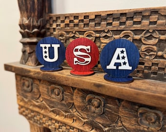 Fourth of July decor, rustic home decor, tiered tray decor, Americana decor, summer home decor, whiskey barrel candle holder, America