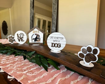 Dog lover decor, rustic home decor, tiered tray decor, dog mom, fur baby home decor, whiskey barrel candle holder, dog house picture frame