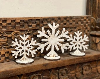 Whiskey barrel decor, Christmas decor, winter tiered tray decor, Snowflake decorations, rustic decor, farmhouse decor.