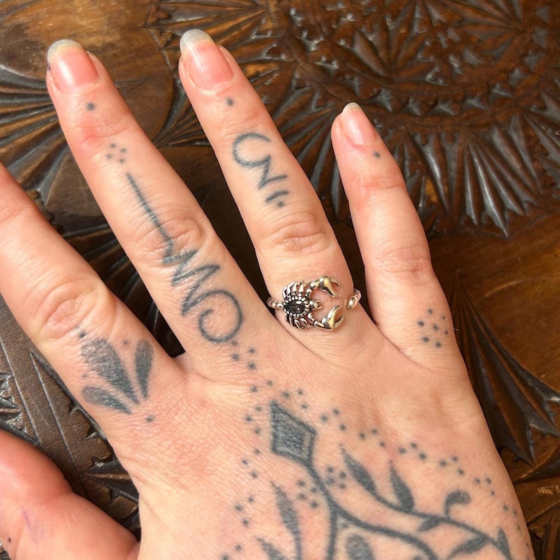 May include: A silver ring with a scorpion design. The scorpion has a black gemstone in its body. The ring is on a person's finger.