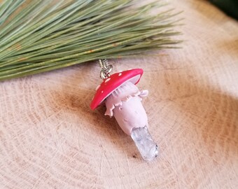 Red Amanita Mushroom Crystal Point Necklace | toadstool charms, handmade polymer clay, mushroom jewelry, gifts for forager, fly agaric