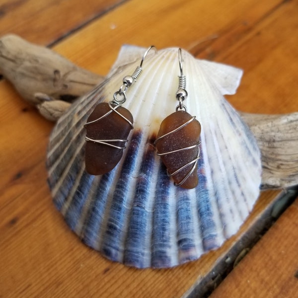 Authentic Amber Sea Glass Wire Wrapped Earrings | beach wedding, Nova Scotia beach glass, gifts for her