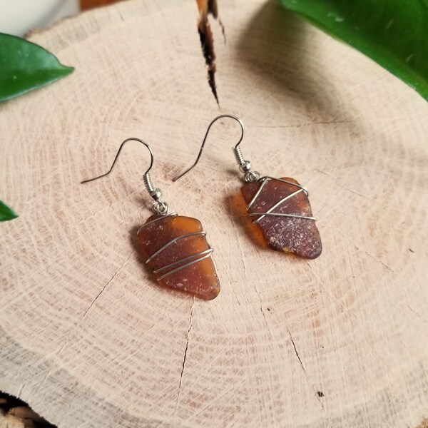 Authentic Amber Sea Glass Wire Wrapped Earrings | sea glass jewelry, beach earrings, local art, Nova Scotia beach glass, gifts for her