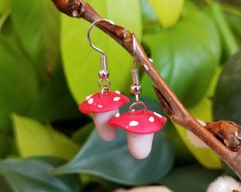 Red Amanita Mushroom Earrings | toadstool charms, handmade polymer clay jewelry, mushroom jewelry, gifts for forager, fly agaric