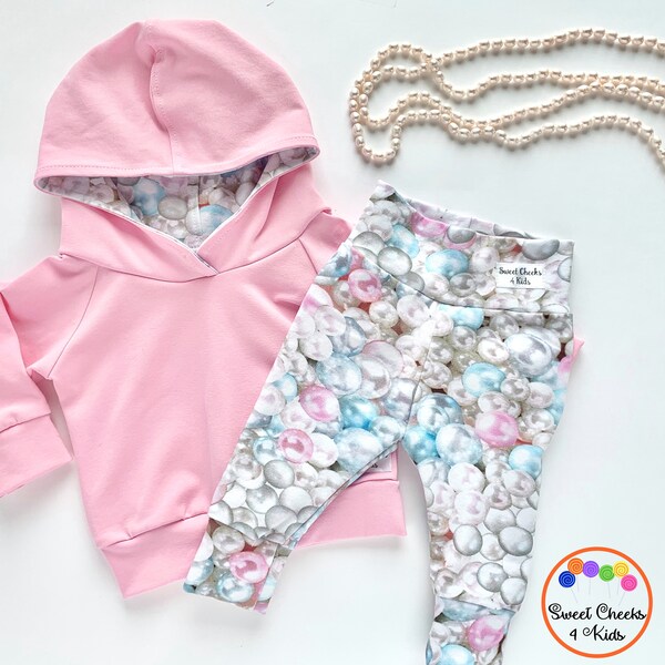 Pearls Jogger Set for New Baby Girl, Pink Hoodie, Ready to Ship