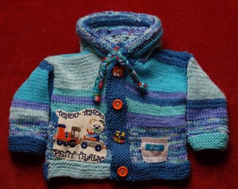 VEST 6 MONTHS Boy's original hand knitted pixie hood