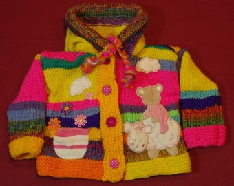 VEST 6 M girl original hand knitted pixie hood