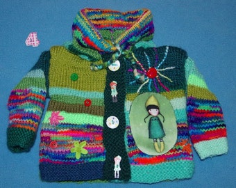 GILET 3 M fille   original tricoté main capuche lutin