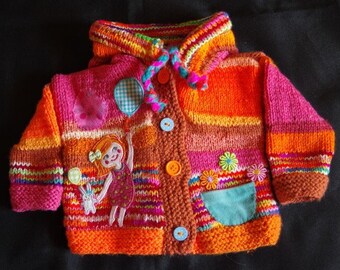 VEST 6 M girl original hand knitted pixie hood