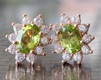 Natural Peridot Stud Earrings With Natural Diamond Halo Solid Gold 2ct 5x7mm Peridot Studs For Her Birthday Christmas Gift Naturally Mined