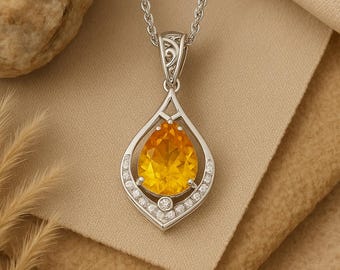 Citrine Pendant Necklace – Pear Cut Yellow Gemstone with Diamond Accents in 14k or Silver | November Birthstone Luxury Christmas Gift