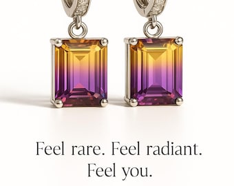 Natural Ametrine Earrings – Bi Color Amethyst Citrine Emerald Cut Drop Hoops in Silver, 14K or 18K Gold Luxury Gemstone Jewelry