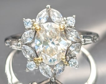 Bague de fiançailles en moissanite certifiée enchanteresse avec halo floral - Rayonnez l'amour éternel avec un diamant Moissanite d'une brillance irréprochable de 2,55 carats