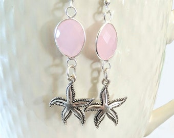 Estrella de mar colgante encanto pendientes plata de ley rosa calcedonia pendientes regalo para su regalo de cumpleaños de las mujeres estrella de mar encanto pendientes tendencia