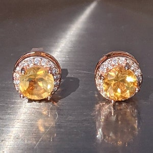 Golden Citrine Stud Earrings, 6mm  Citrine Studs With Halo Rose Gold, Birthstone Earrings, Minimalist Jewelry, Birthday Gift. 2ct Citrine
