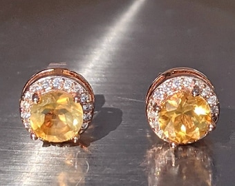 Golden Citrine Stud Earrings, 6mm  Citrine Studs With Halo Rose Gold, Birthstone Earrings, Minimalist Jewelry, Birthday Gift. 2ct Citrine