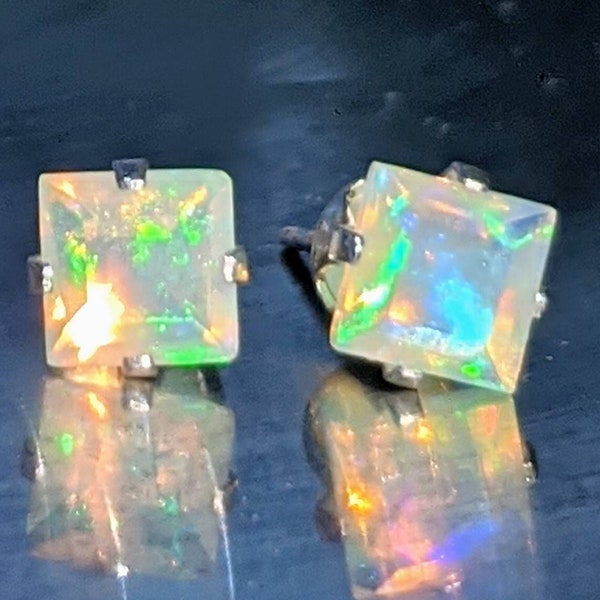 AAA Natural Ethiopian White Fire Opal Stud Earrings Square Opal Stud Earrings sterling silver October Birthstone Naturally Mined 6mm