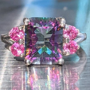 Mystic Topaz Ring With Pink Sapphire Stunning Emerald Cut 14k or Sterling Large Cocktail Ring Natural Gemstone Jewelry For Her Birthday gift