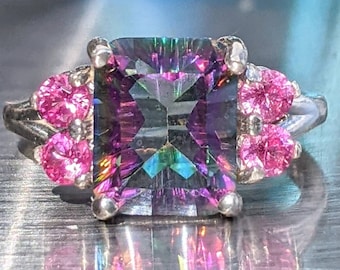 Mystic Topaz Ring With Pink Sapphire Stunning Emerald Cut 14k or Sterling Large Cocktail Ring Natural Gemstone Jewelry For Her Birthday gift