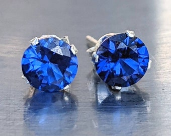 Real Dark Blue Spinel Stud Earrings 6mm Round Cut Silver or Solid Gold Bright Blue Spinel For Her Women's Birthday Gift blue bridal jewelry