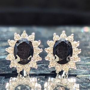 Midnight Sparkle -Natural Black Sapphire Earrings- Flower Oval Halo. 8x6mm Oval Cut 1.21ct Natural Sapphire Stud Earrings - Elegant Earrings