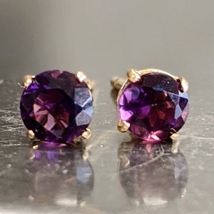 Natural Dark Siberian Amethyst Stud Earrings Solid 14k Gold February birthstone 4mm round Stud Earrings Amethyst Earrings Naturally Mined