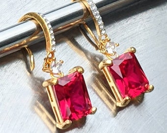 Real Ruby Drop Earrings With Halo Pigeon Blood Ruby Earrings 10x8mm 3.49ct per stone Emerald Cut Vintage Earring For Her Birthday Gift