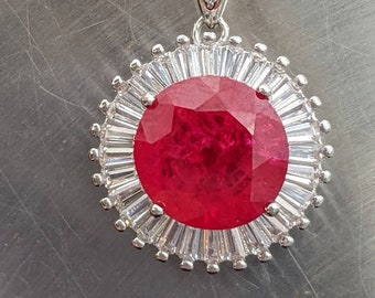 Genuine Lab Ruby with natural Inclusions With baguette Halo Pigeon Blood Red Ruby vintage pendant 10mm 3ct round cut for her Christmas gift
