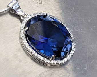 Genuine Lab Grown Blue Sapphire Pendant With Halo 9.30ct Oval Cut Mother's Day Gift Large Blue Sapphire Pendant Her Birthday Bridal Jewelry